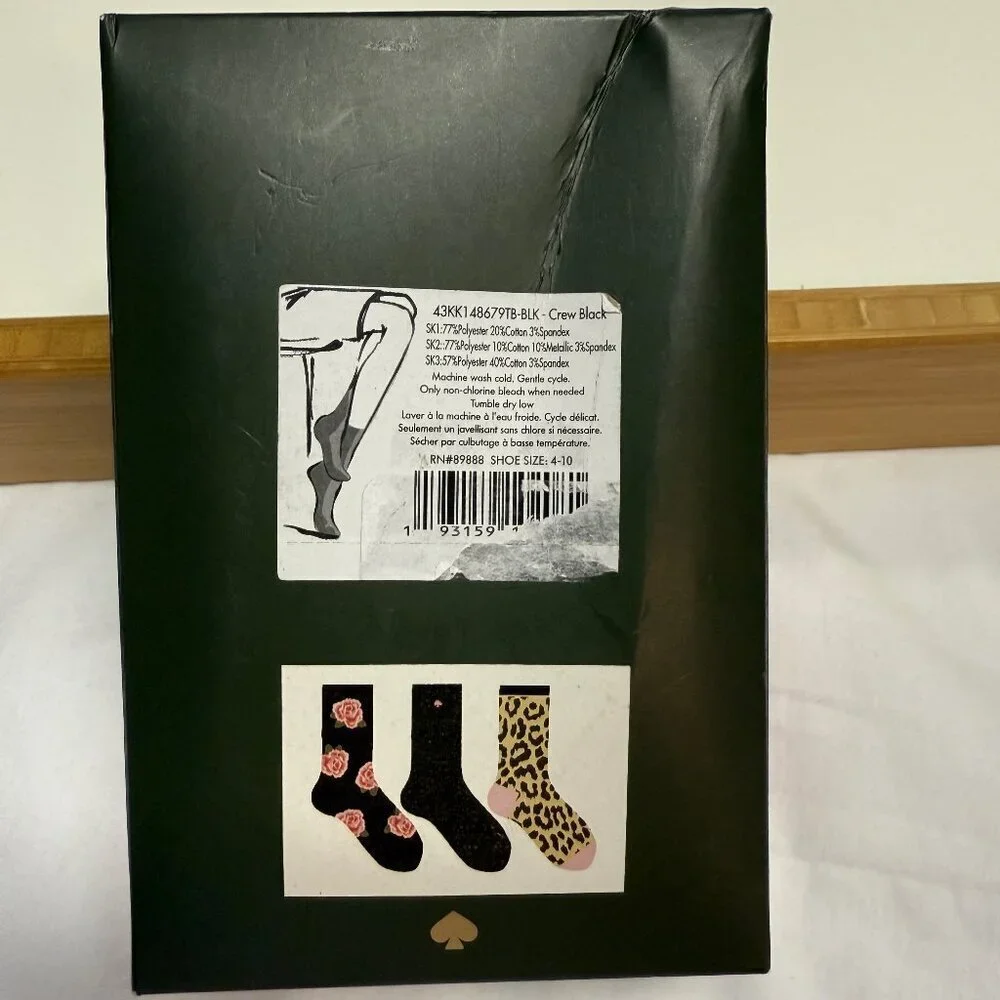 Kate Spade 3‎ Pair Crew Socks NIB Leopard Rose Gray Cozy Shoe Size 4-10